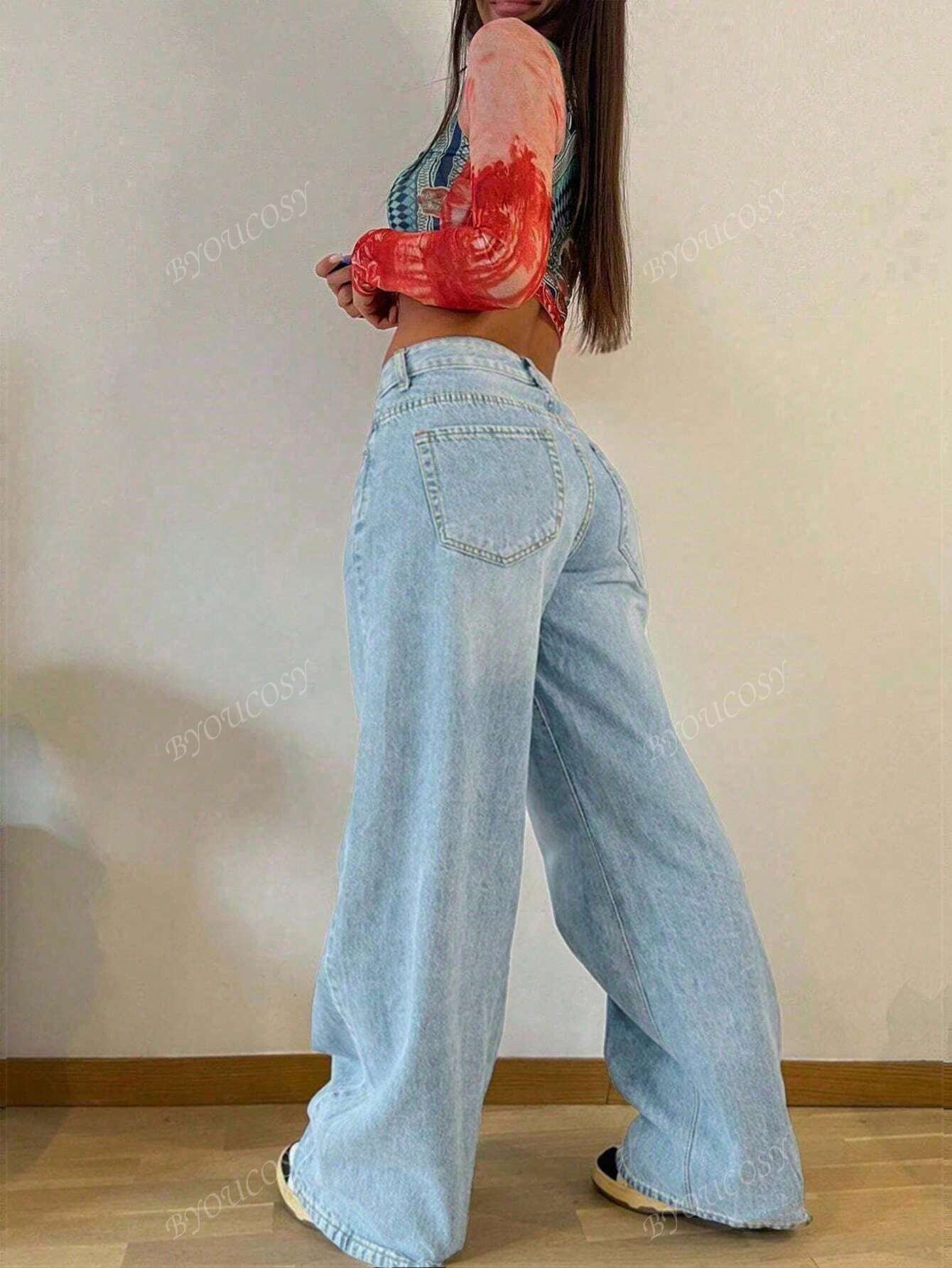 Pantalon en jean droit empilé ample rétro pour femmes