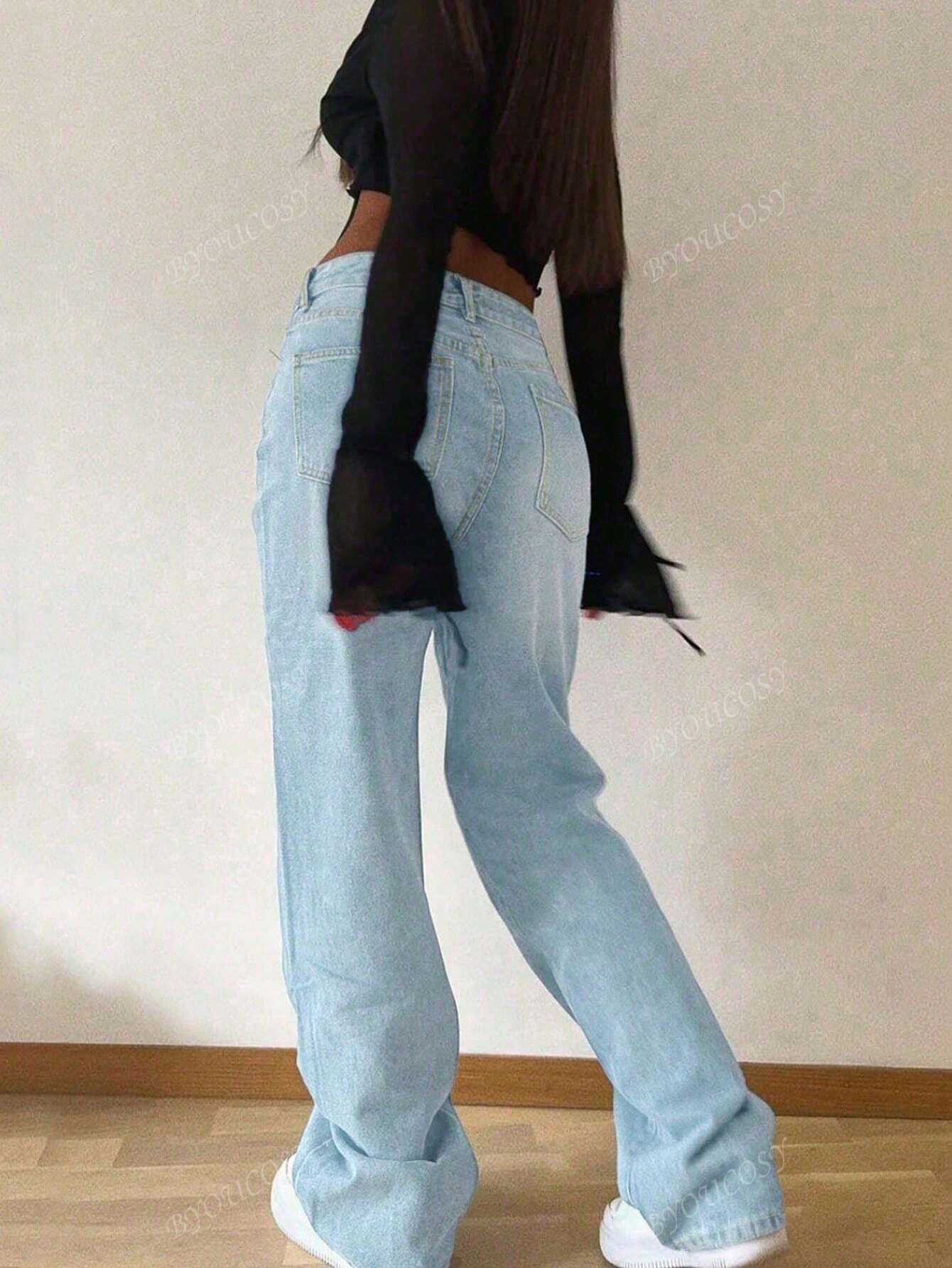 Pantalon en jean droit empilé ample rétro pour femmes