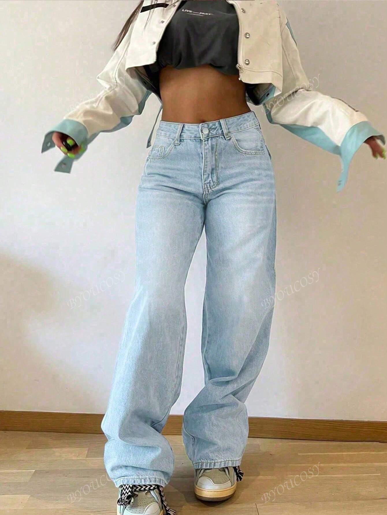 Pantalon en jean droit empilé ample rétro pour femmes