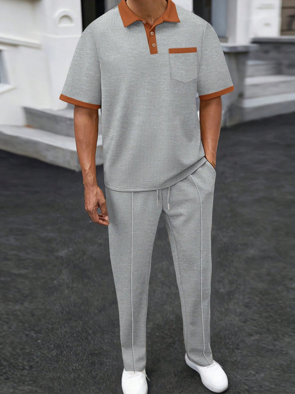2 pièces Ensemble de sport pour homme, polo à manches courtes casual + pantalon long