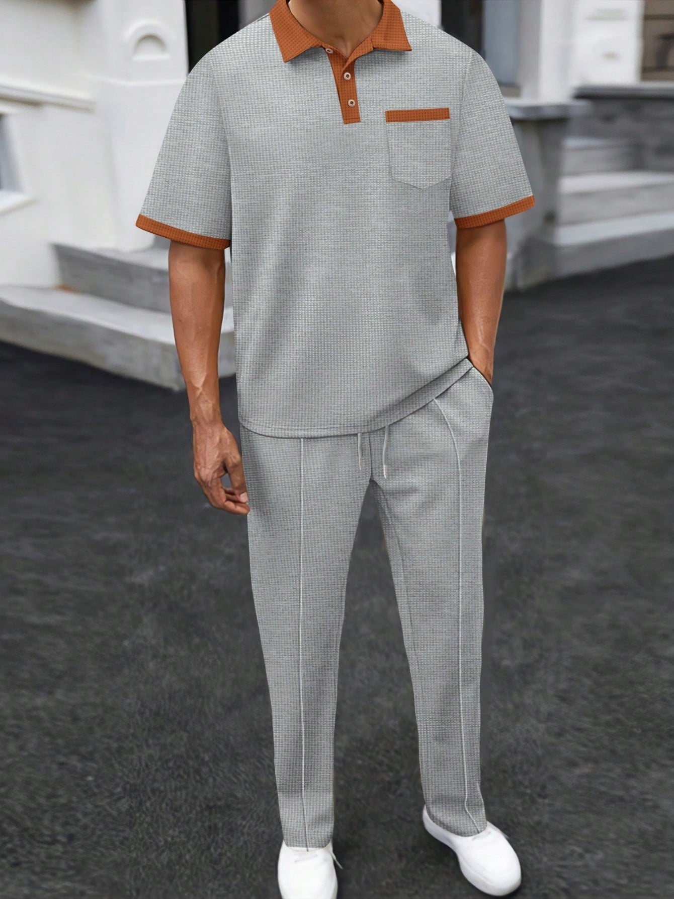 2 pièces Ensemble de sport pour homme, polo à manches courtes casual + pantalon long
