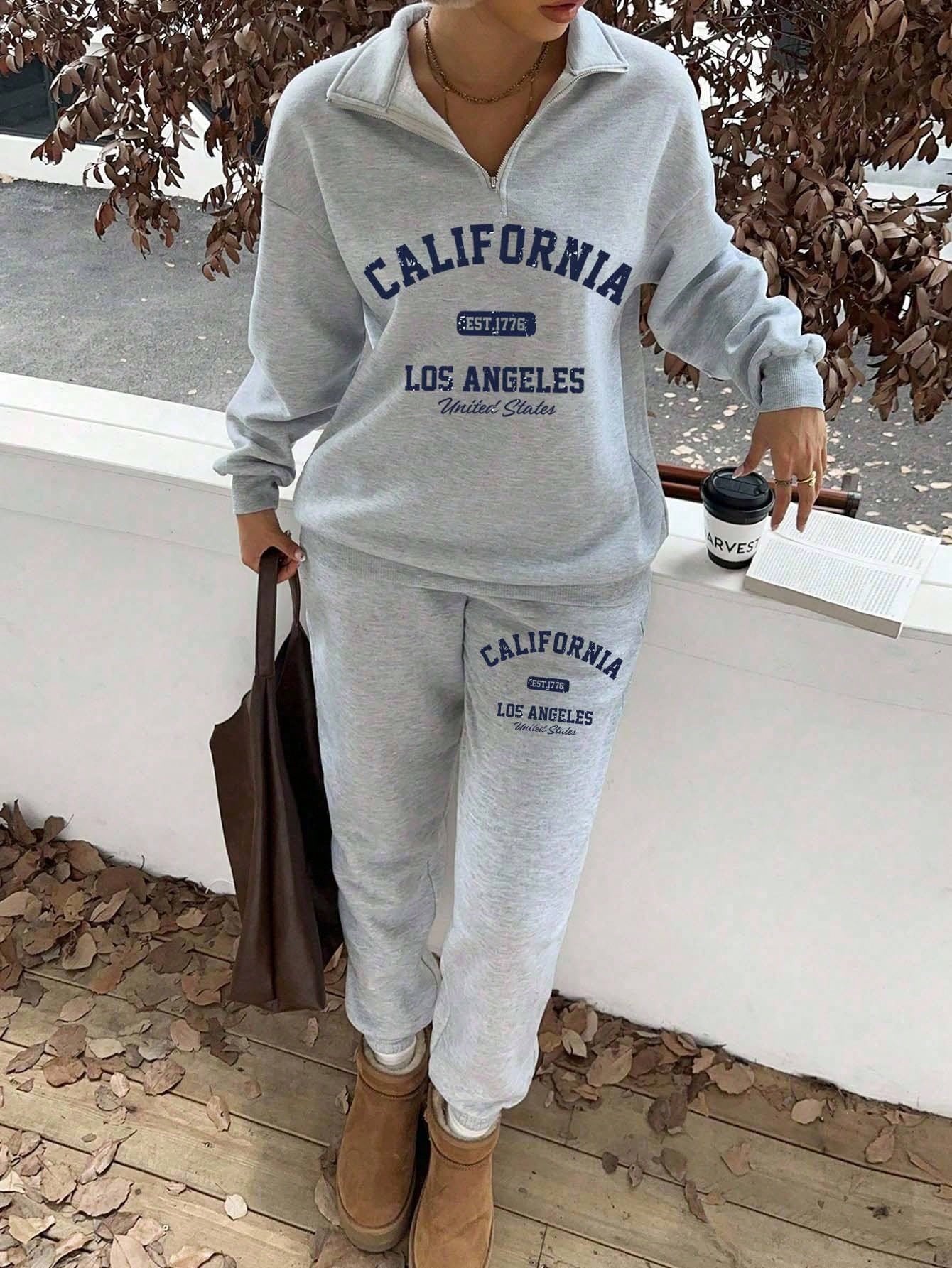 Slaydiva Ensemble sweat-shirt à col montant, demi-zip et pantalon, style western décontracté avec logo de cheval, coupe ample, doublé thermique, pour femmes. Convient pour l'automne/l'hiver