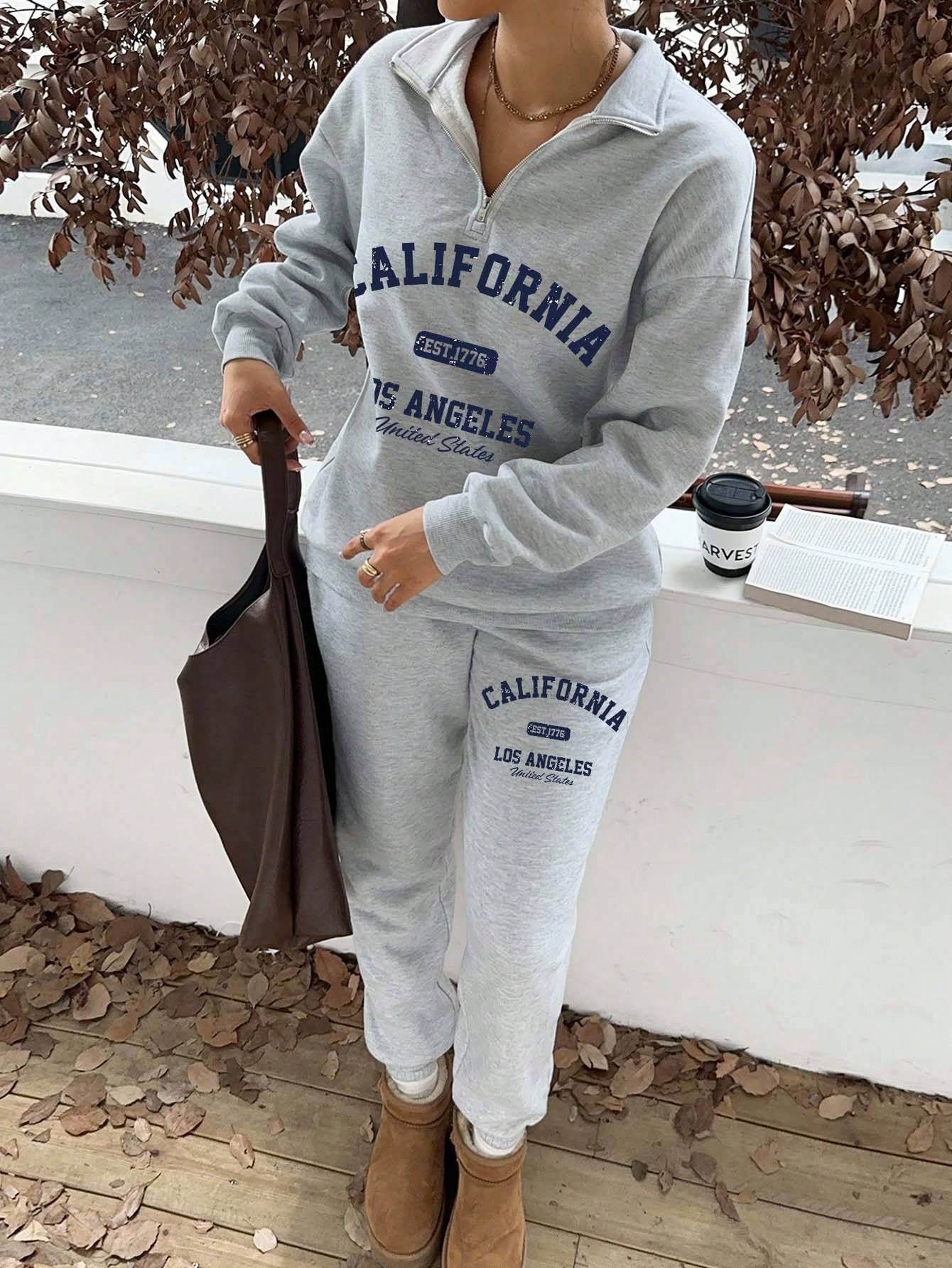 Slaydiva Ensemble sweat-shirt à col montant, demi-zip et pantalon, style western décontracté avec logo de cheval, coupe ample, doublé thermique, pour femmes. Convient pour l'automne/l'hiver