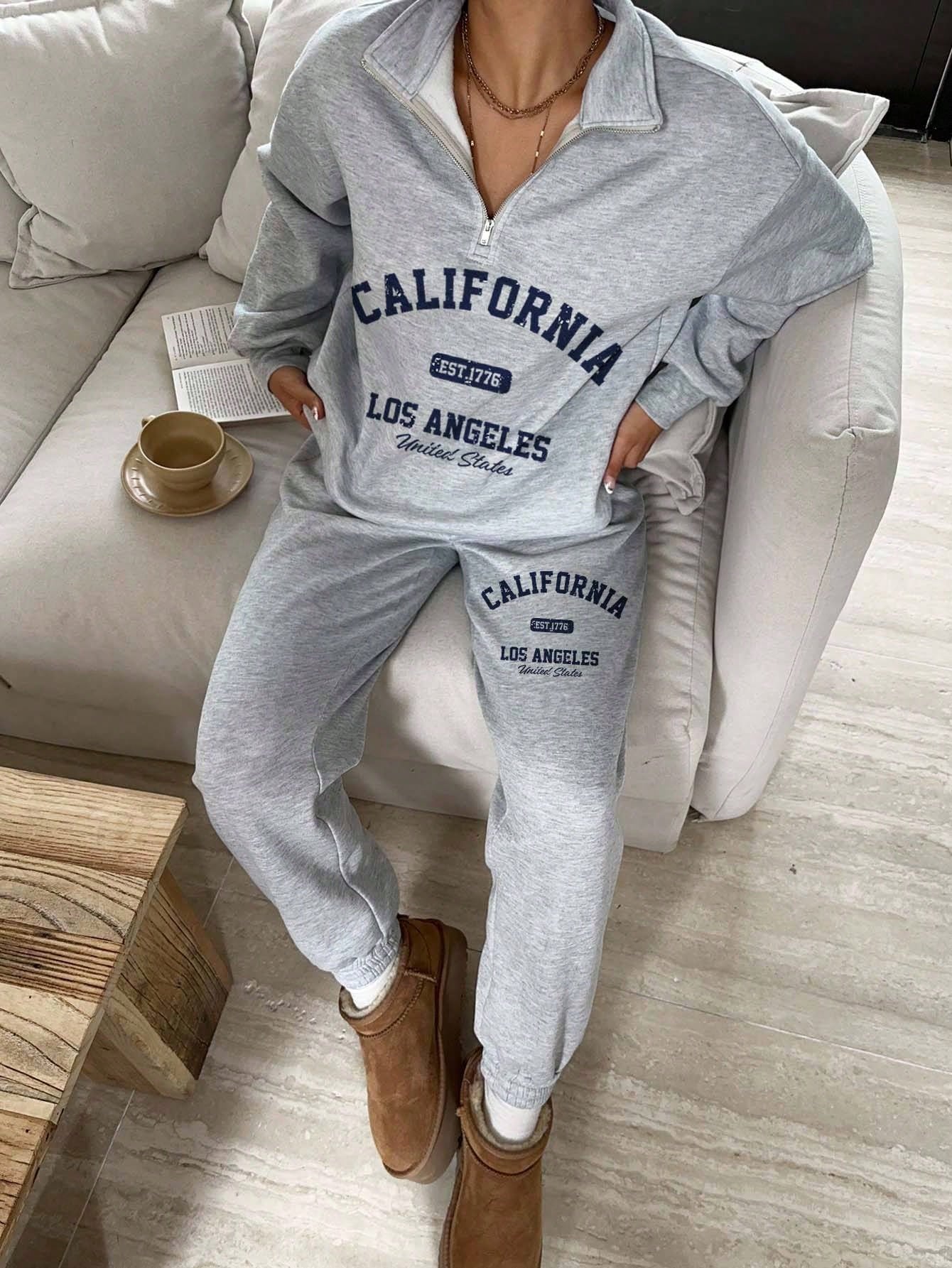 Slaydiva Ensemble sweat-shirt à col montant, demi-zip et pantalon, style western décontracté avec logo de cheval, coupe ample, doublé thermique, pour femmes. Convient pour l'automne/l'hiver